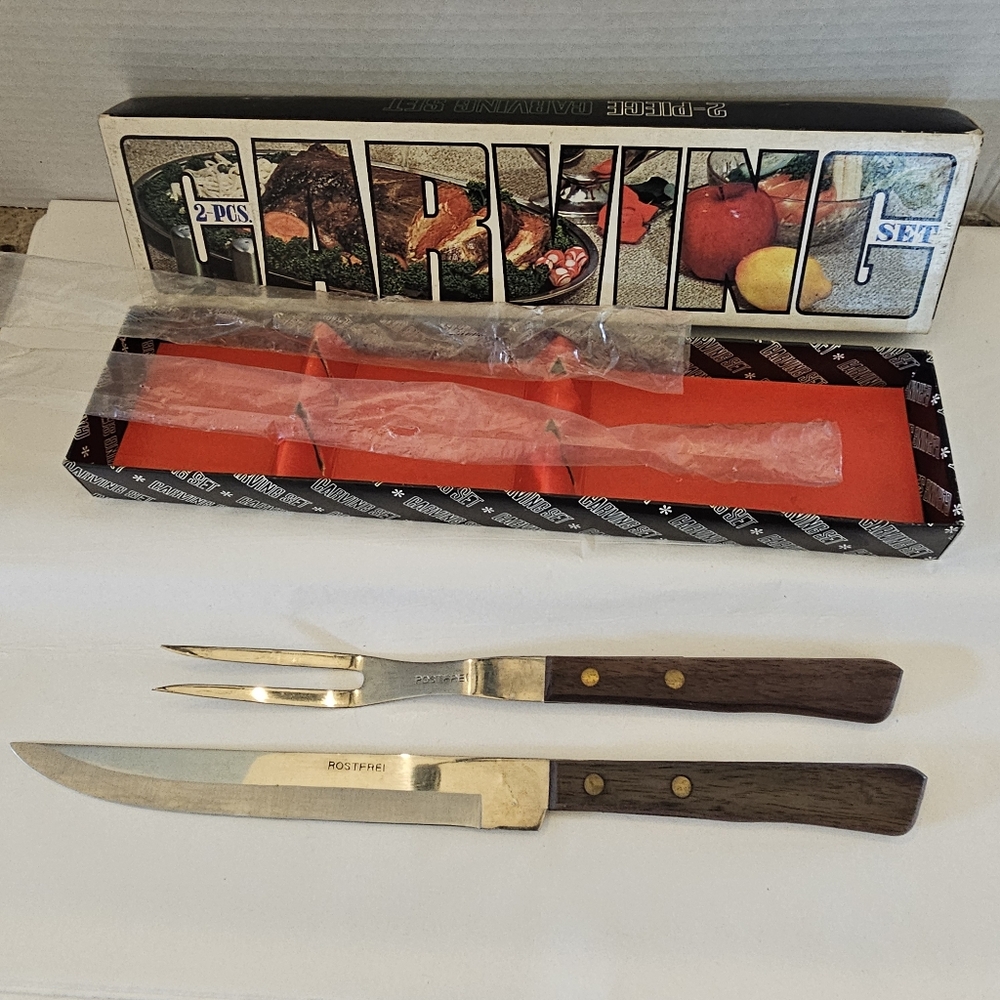 60's Rostfrei Wood Handle Meat Carving Knife & Fork Boxed Set Vintage MCM